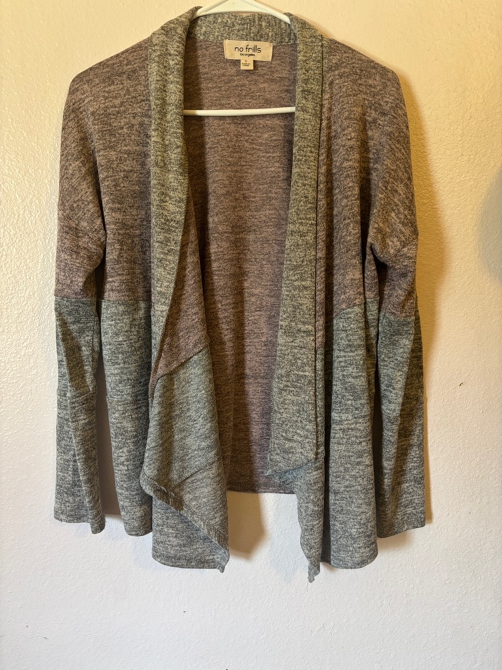 No Frills Two-Tone Gray and Pink Open Front Cardigan Sweater